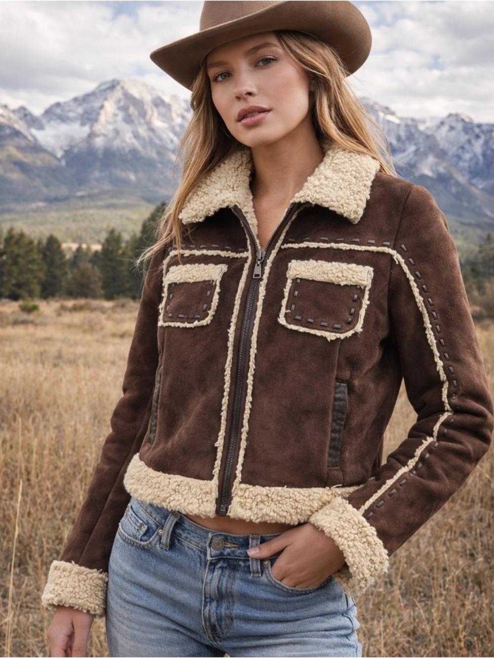 Y2K Kenneth Cole Sherpa Aviator Jacket Brown Small Western Boho Festival Cowgirl